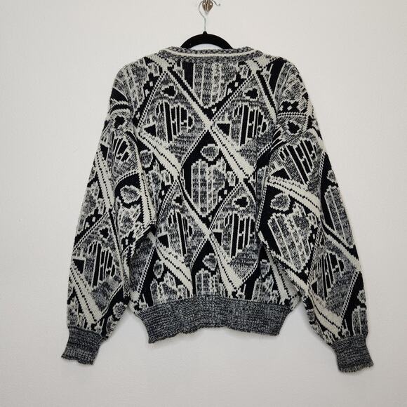 Vintage Sweater 80s 90s Grandpa Abstract Grunge Art Black White Lg Permit - Picture 5 of 5